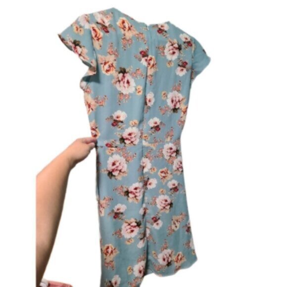 Lord & Taylor Blue Floral Wrap Side Tie Flutter Ruffle Cap Sleeve Mini Dress XS - Picture 10 of 16